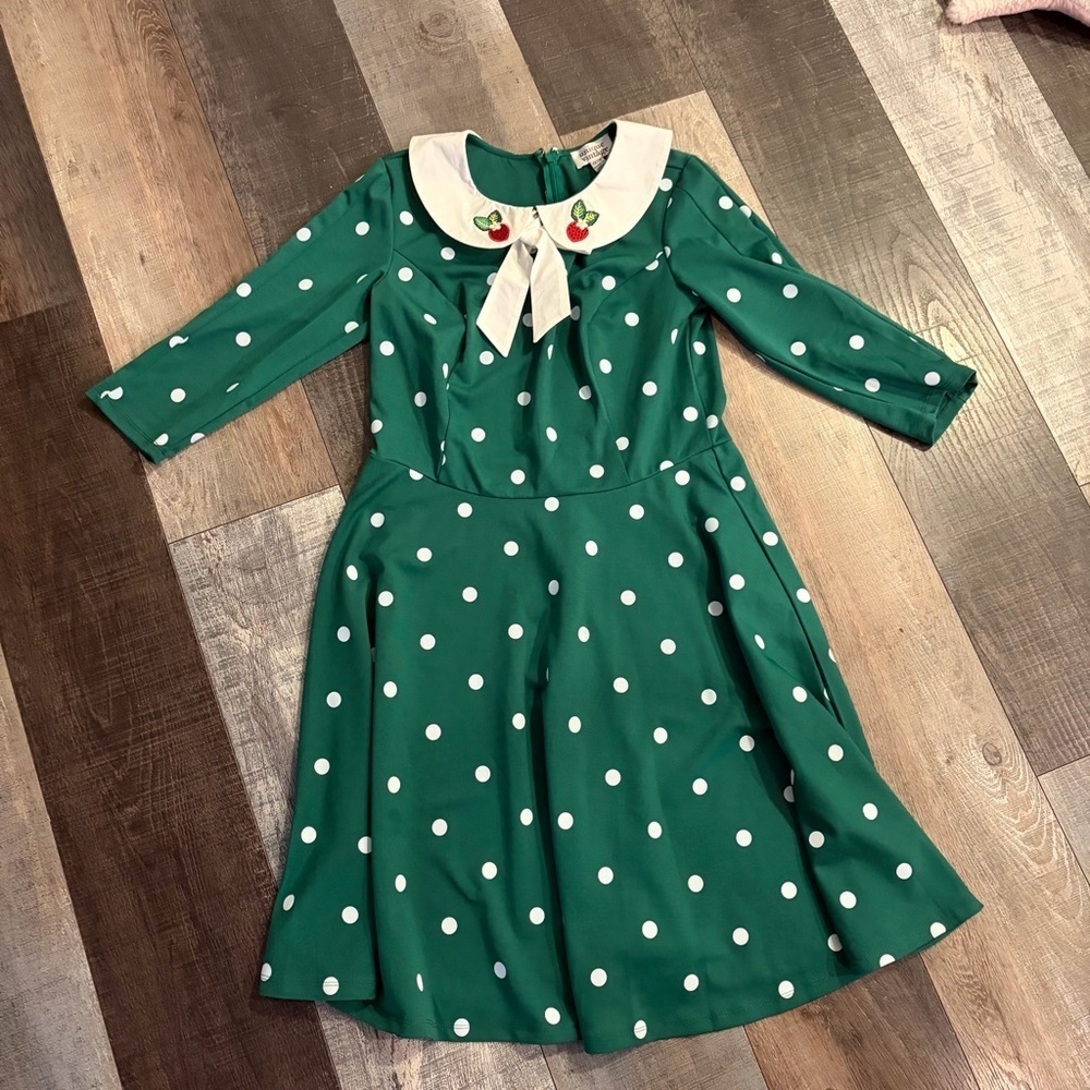 Unique Vintage Green Polka Dot Strawberry Collar Fit & Flare Dress 1X